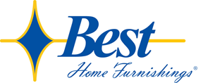 The best home furnishings logo. A four pointed star in medium blue with gold borders is seen next to the words Best Home Furnishings are in medium 