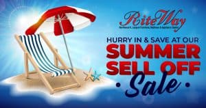 A blue and white striped beach chair with starfish nearby. A red and white beach umbrella shades it. The Rite-Way logo and the words "Hurry in and save at our Summer Sell Off Sale" appear on the right half of the illustration.