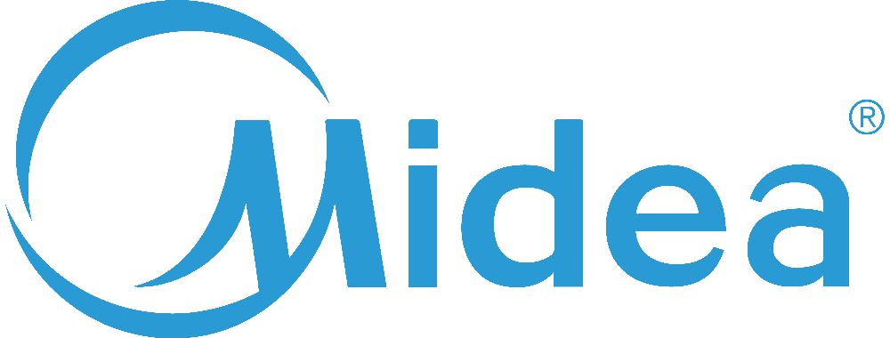 The logo of Midea appliances. The name Midea is in light blue, with a stylized circle around the M.