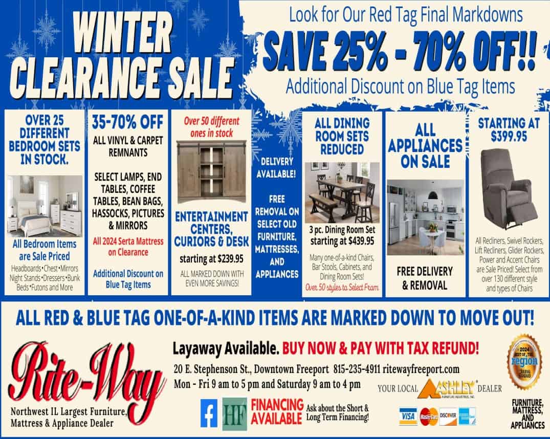 A newspaper ad for our Winter Clearance Sale. Save 25 to 70 percent on red and blue tagged items.