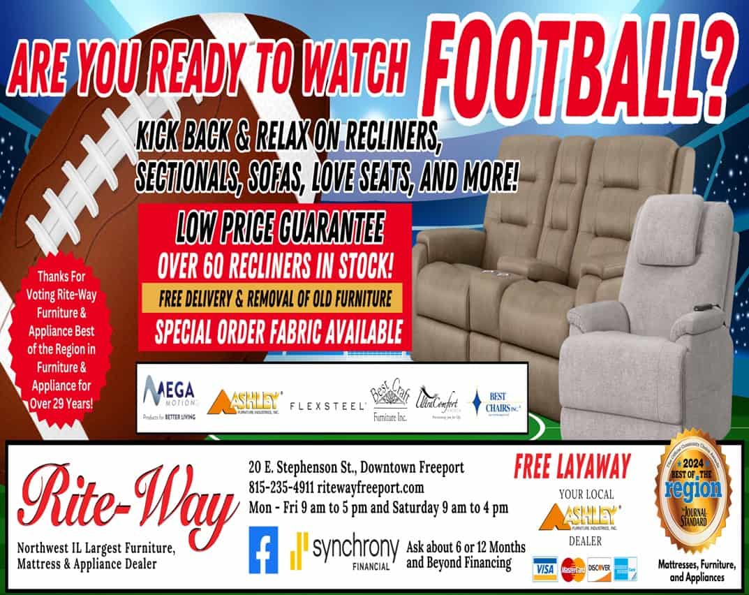 A newspaper ad with a sofa, recliner, and the headline, Are you ready to watch football?