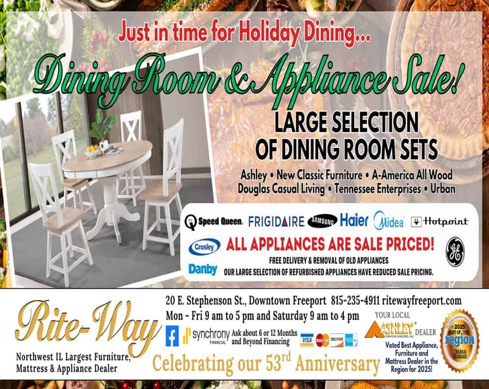 A newspaper ad featuring a dining room set. Headline readis, Just in time for holiday dining, our dining room and appliance sale!