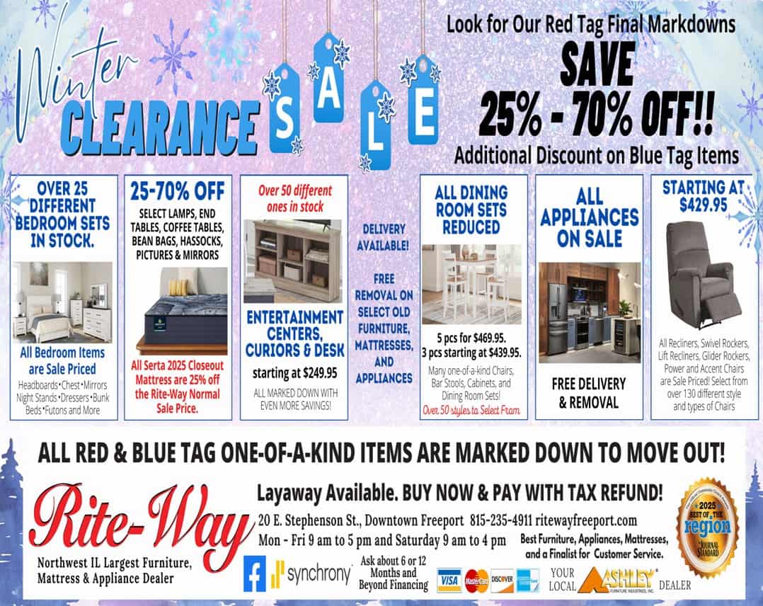 A newspaper ad in pinks purples and blues for our Winter Clearance Sale