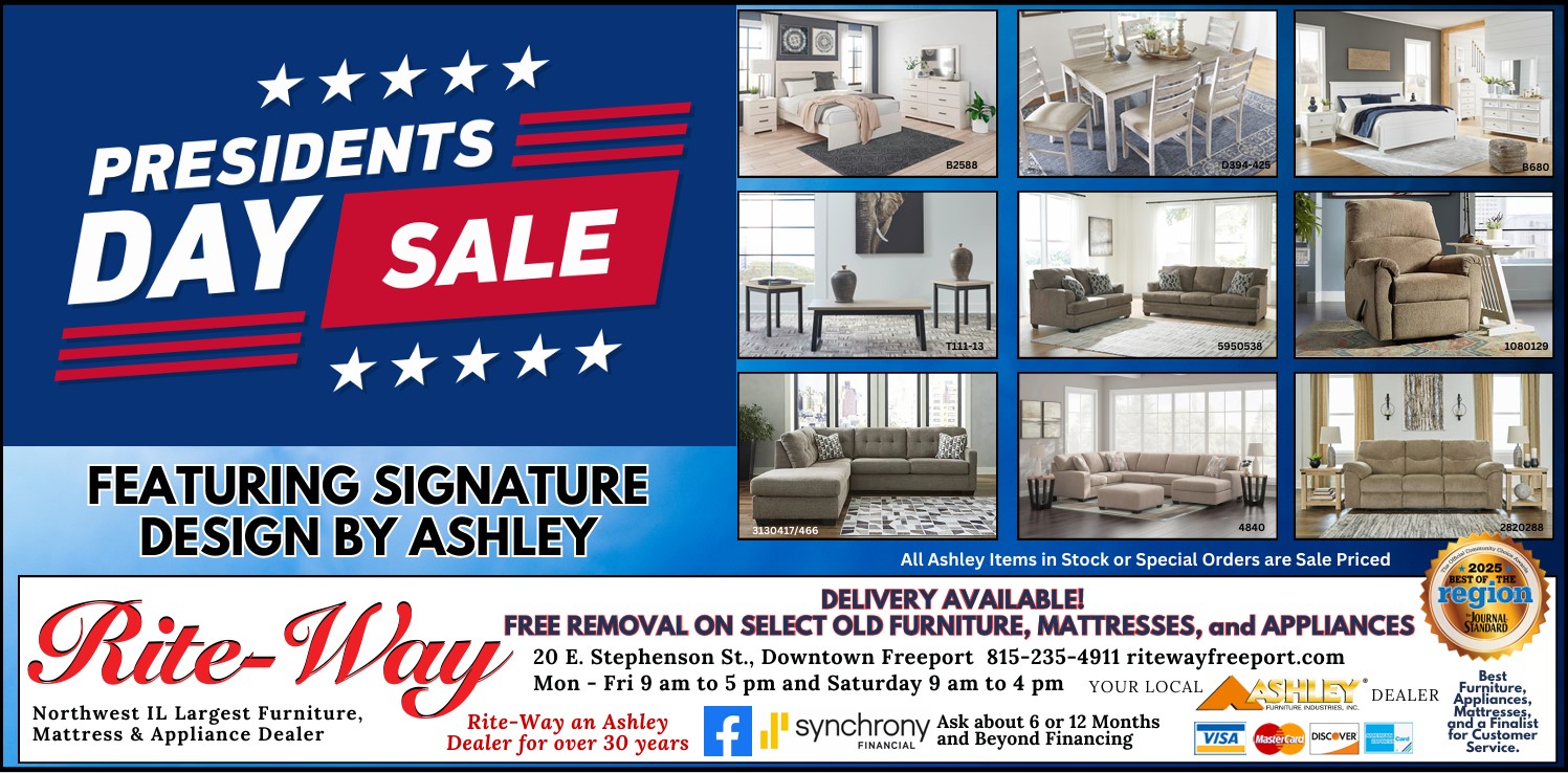 A newspaper ad for our Presidents' day Sale, featuring several photos of Ashley furniture.